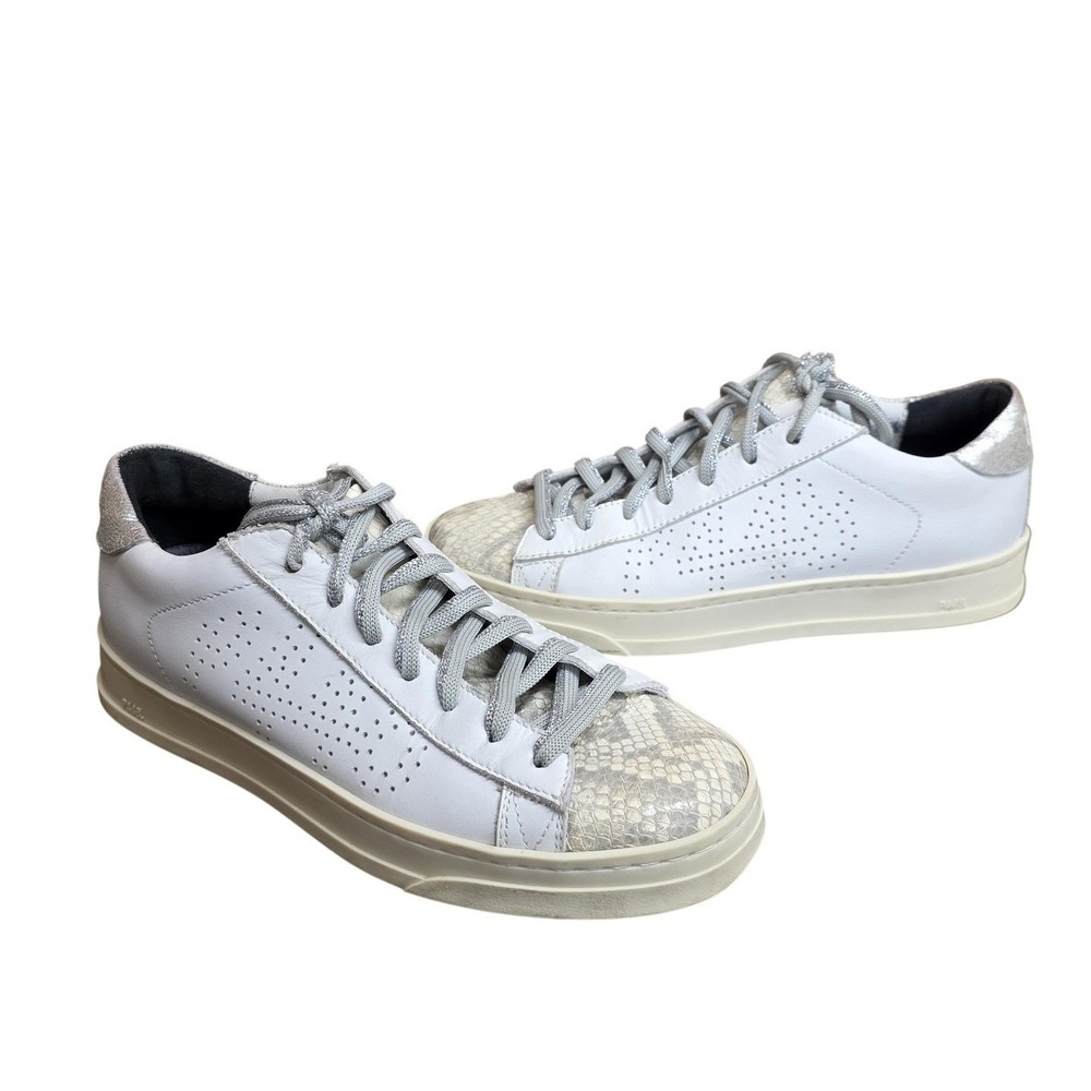 P448 Leather Shoes Women‎ 6.5 37 White Snake Print Glitter Toe Italy Sneakers